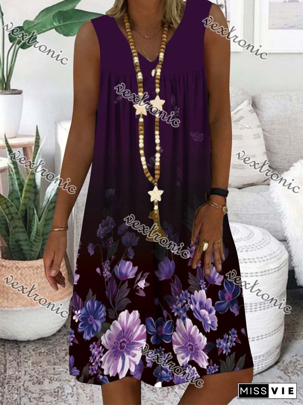 Women Purple Sleeveless V-neck Printed Midi Dress