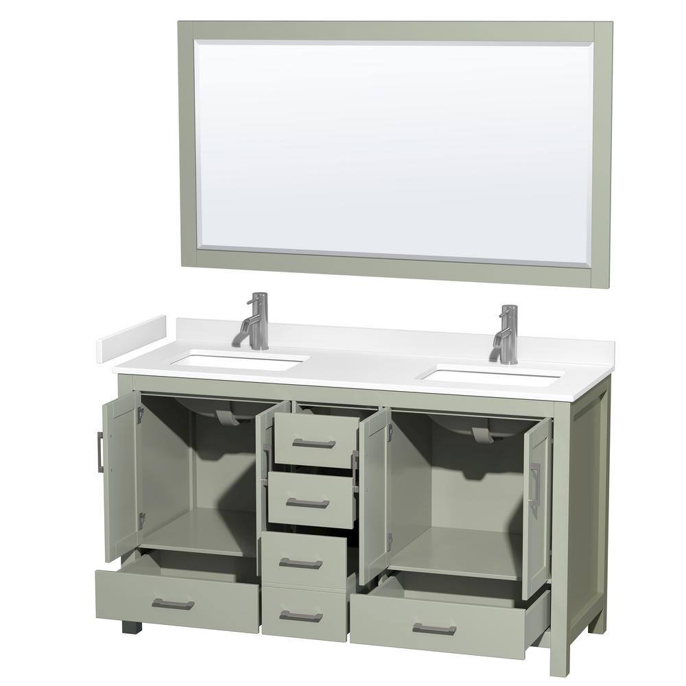 Wyndham Collection 60 in. W x 22 in. D x 35 in. H Double Bath Vanity in Light Green with White Cultured Marble Top and 58 in. Mirror WCS141460DLGWCUNSM58