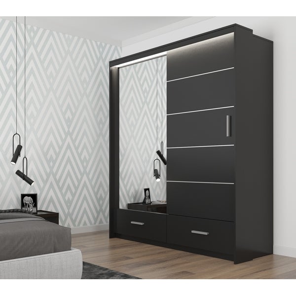 Donovan Modern Wooden Wardrobe - Armoire with Drawers and LED Lighting - - 36254979