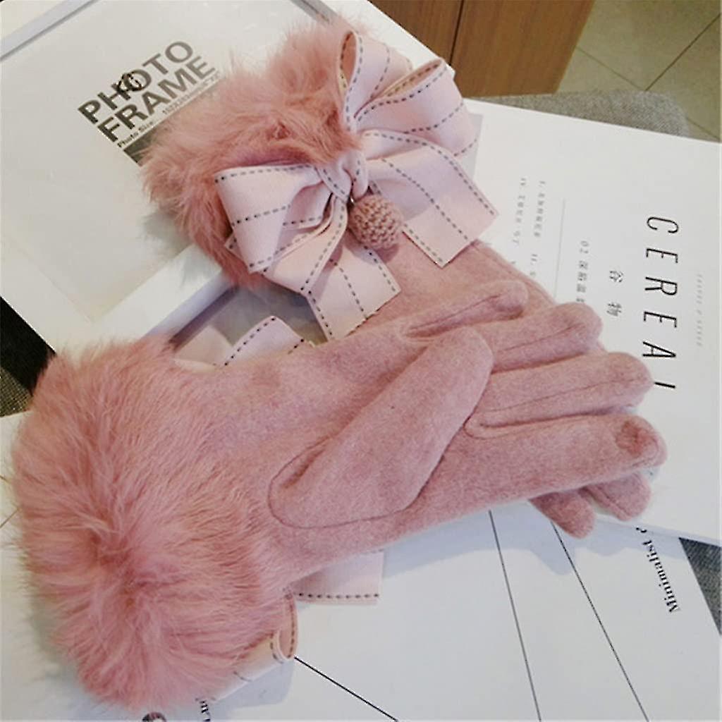 Women Winter Cashmere Rabbit Wrist Thicken Keep Warm Touch Screen Windproof Bow Decoration Elegant Soft Gloves2pcspink