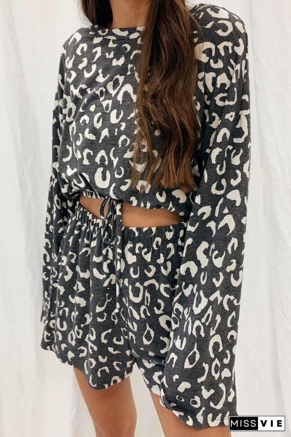 Gray Animal Print Long Sleeves Pullover and Shorts Lounge Set