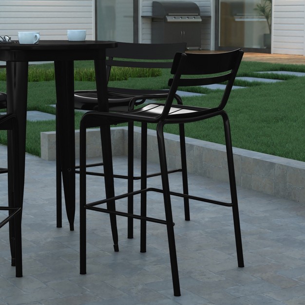 Emma And Oliver Armless Powder Coated Steel Stool With 2 Slat Back For Indoor outdoor Use