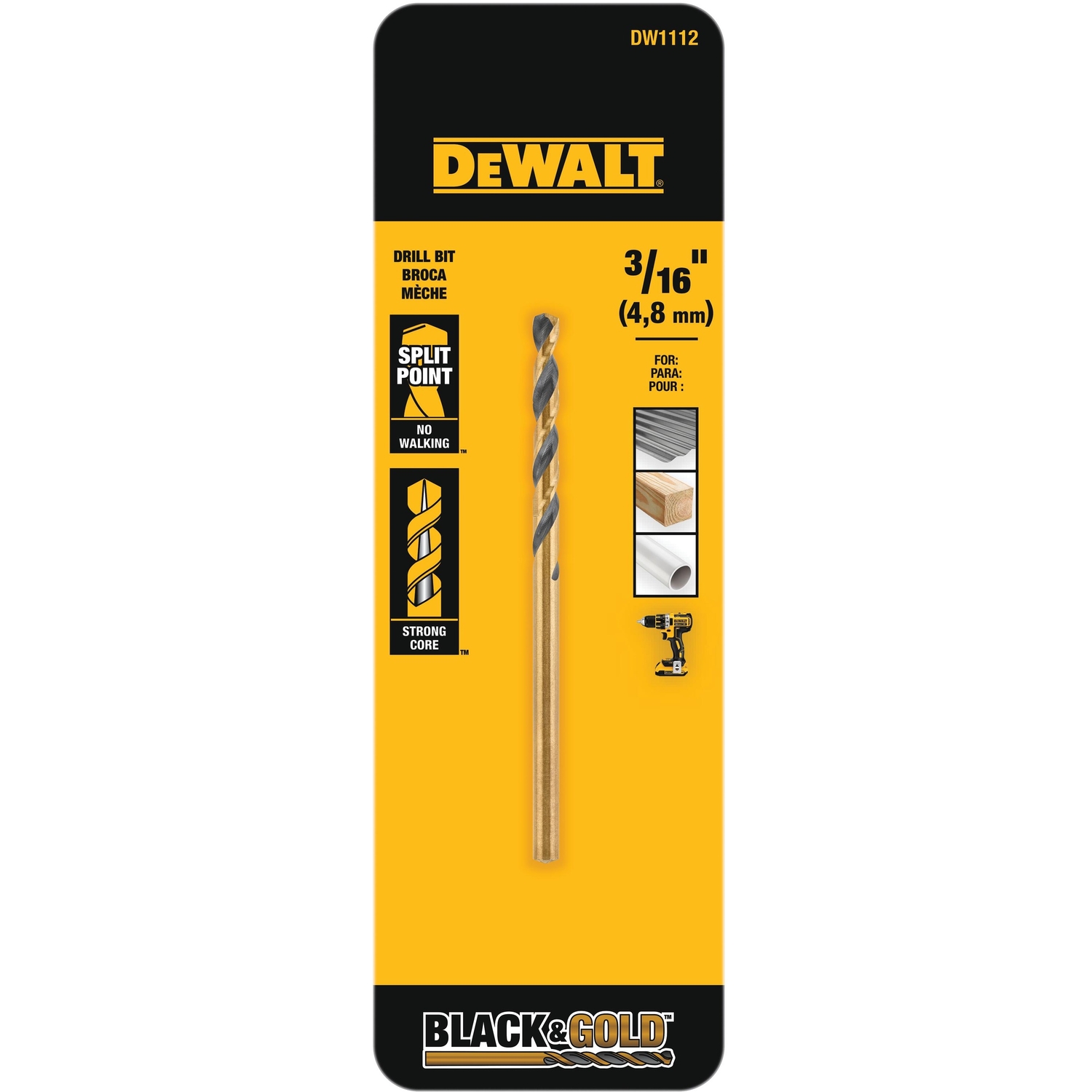 DW Black \u0026 Gold 3/16 in. X 3.5 in. L High Speed Steel Split Point Drill Bit 1 pc