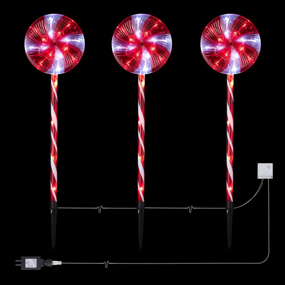 Alpine Corporation 28 in. Tall Candy Cane Pathway with Red and White LED Lights, Set of 3 COR114T-3