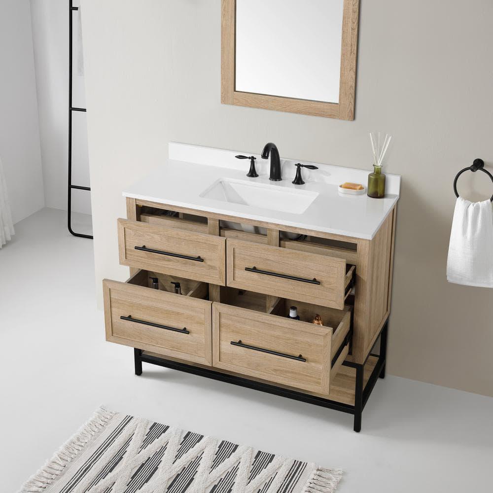 Home Decorators Collection Corley 42 in W x 19 in D x 3450 in H Bath Vanity in Weathered Tan with White Engineered Stone Top