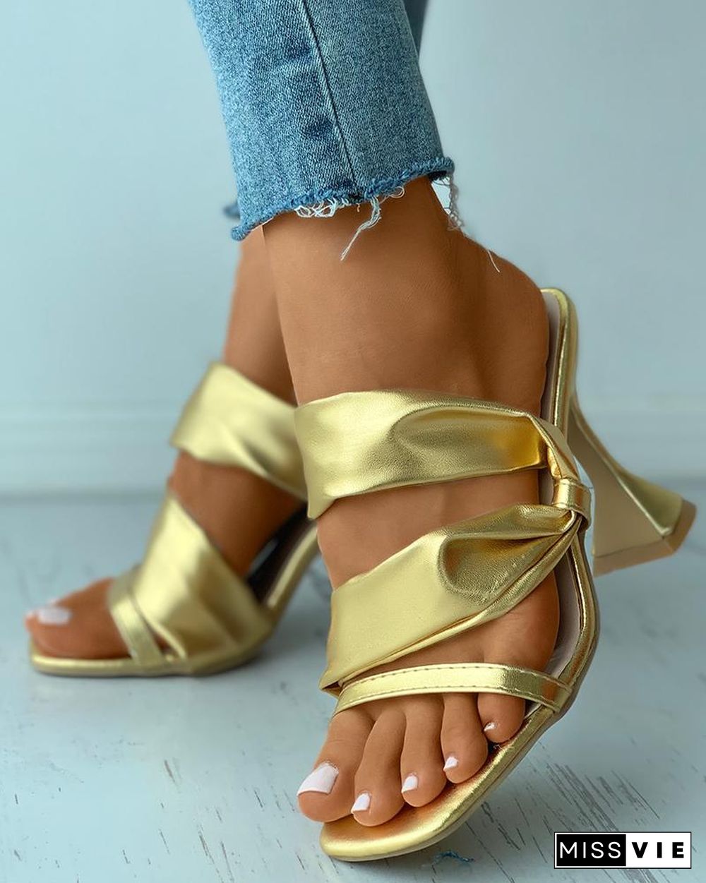 Square Toe Cutout Slide Pyramid Heels