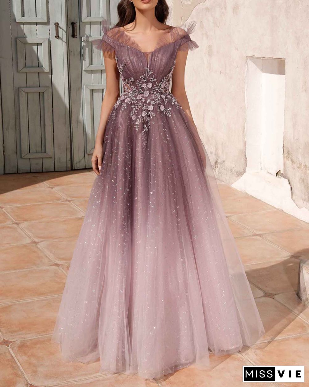 Sequined Floral Beaded Ombre Tulle Dress Gown