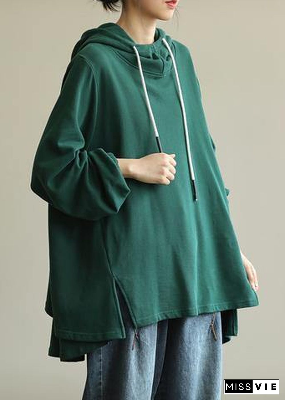 Unique green tunic pattern hooded drawstring Plus Size Clothing blouses