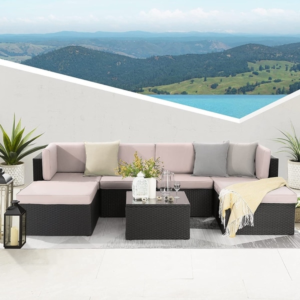 Bossin 7 Pieces Patio Furniture Sets，Outdoor Sectional Sofa，Rattan Wicker Couch with Washable Cushions and Glass Table