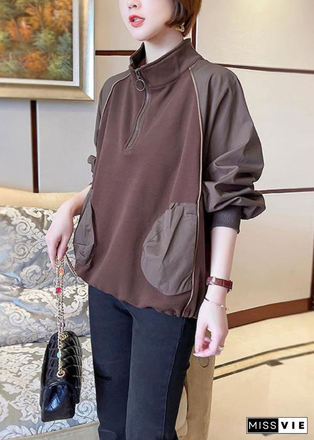 Women Chocolate Stand Collar Patchwork Zippered Sweatshirts Long Sleeve