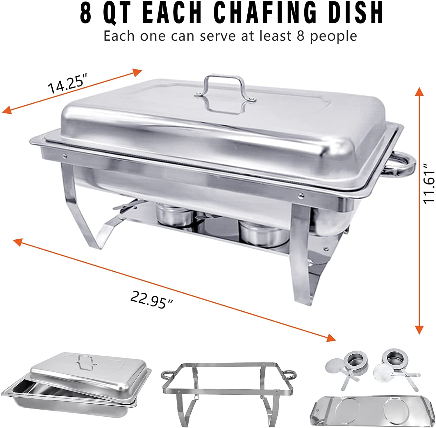 Jacgood Chafing Dish 8Qt Stainless Steel Chafer 2 Packs Full Size Rectangular Chafers for Catering Buffet Warmer Set