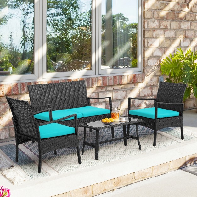 Costway 4pcs Patio Wicker Furniture Set Cushioned Chairs amp Loveseat With Coffee Table Garden