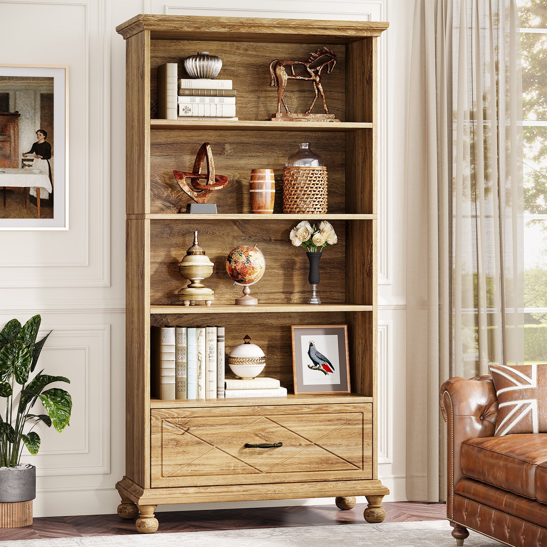 6-Shelf Bookcase with Drawer, 71 Bookshelf with Solid Wood Legs