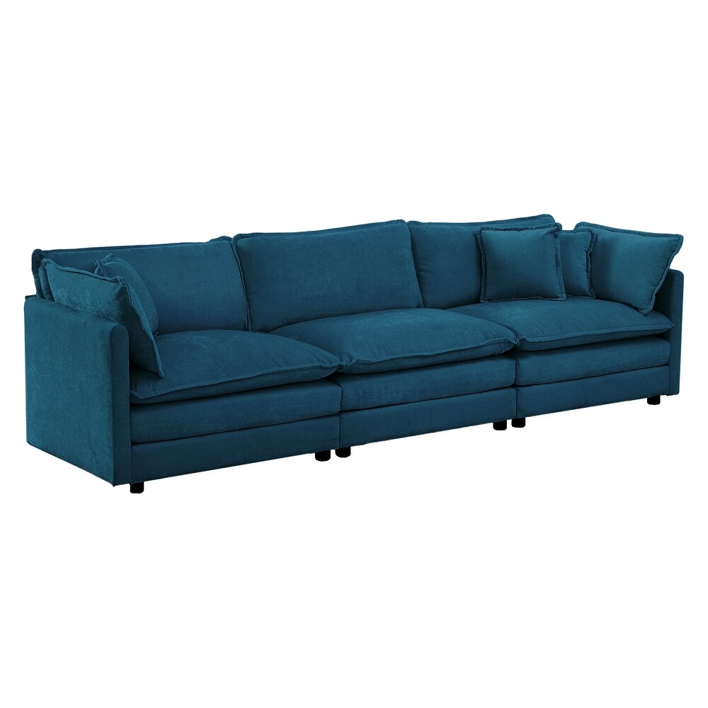 Chenille Recliner Loveseat Sofa 3 Seater Blue Sofa with 5 Toss Pillows