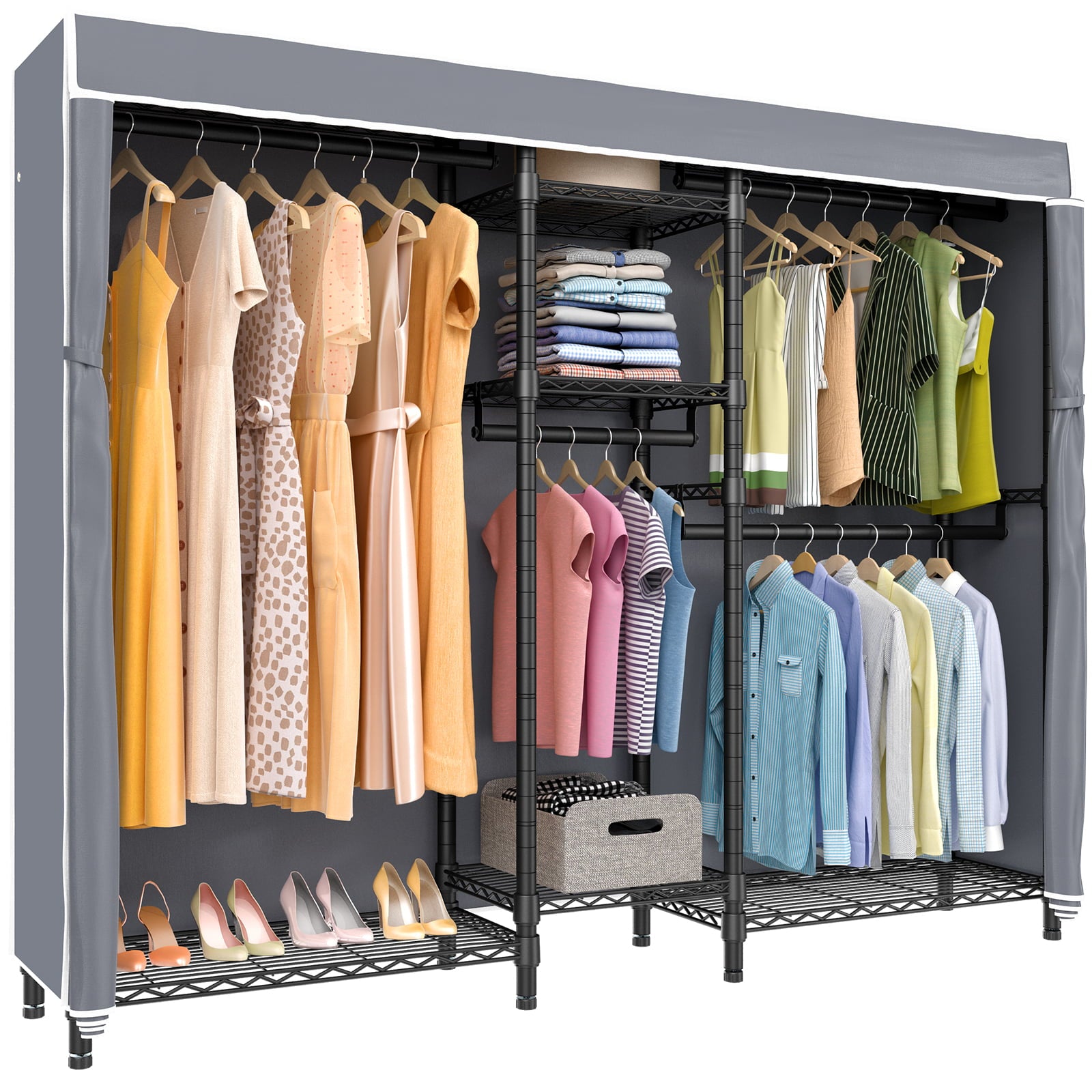 VIPEK V6C 5 Tiers Wire Garment Rack Heavy Duty Covered Clothes Rack, Compact Wardrobe Closet Metal Clothing Rack with Oxford Fabric Cover, 74.4" L X 17.7" W X 76.8" H, Max Load 780 LBS, Gray