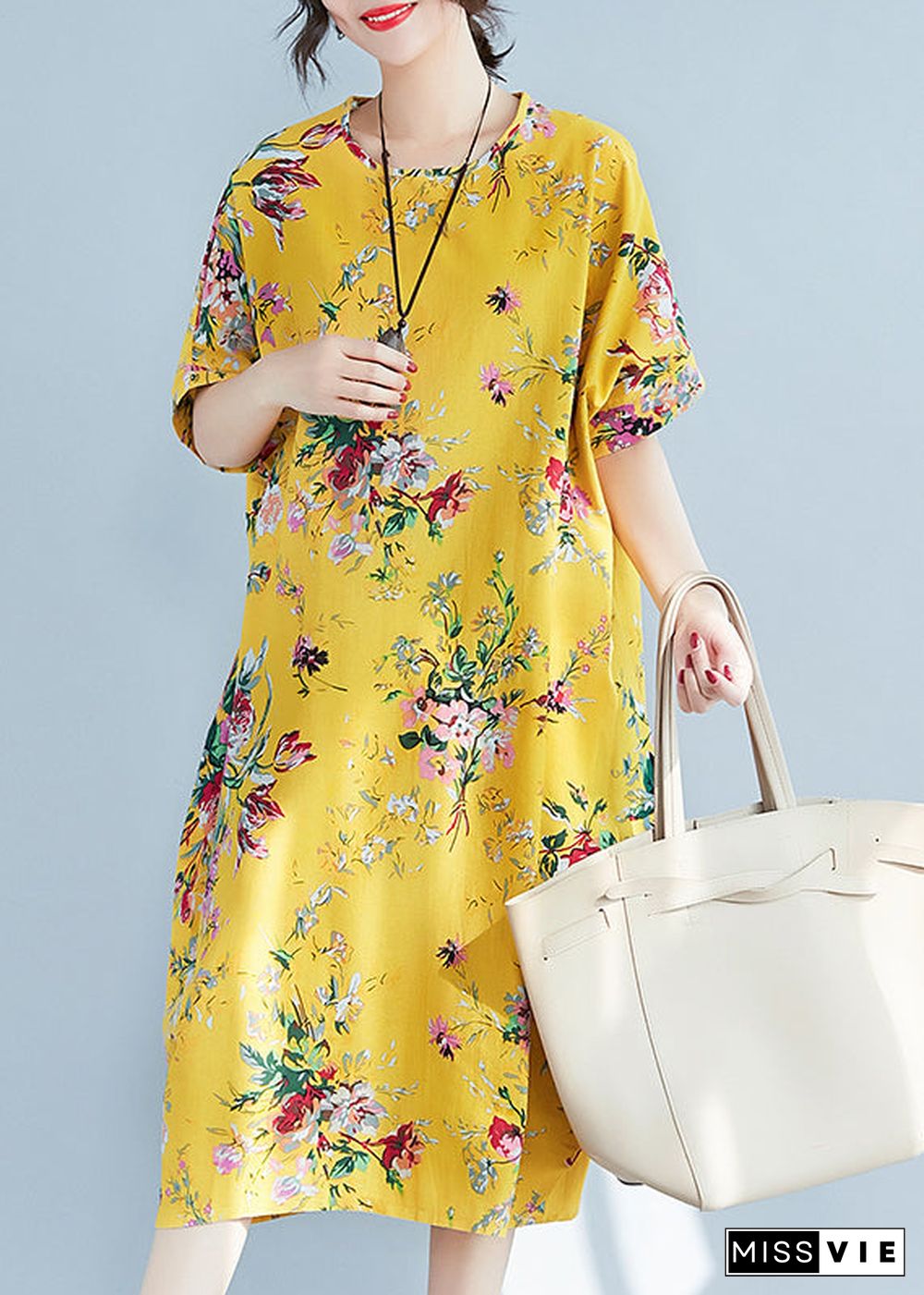 Plus Size Yellow O-Neck Print Cotton Holiday Dress Summer