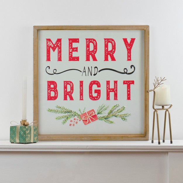 Wooden Framed quot merry And Bright quot Metal Christmas Sign