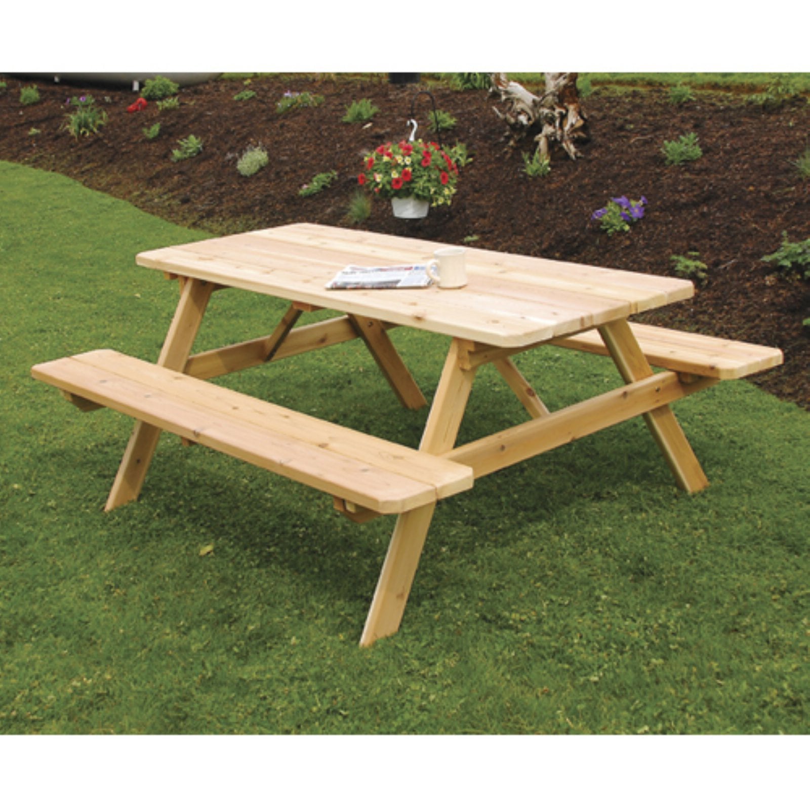 A andamp; L Furniture Western Red Cedar Picnic Table with Attached Benches