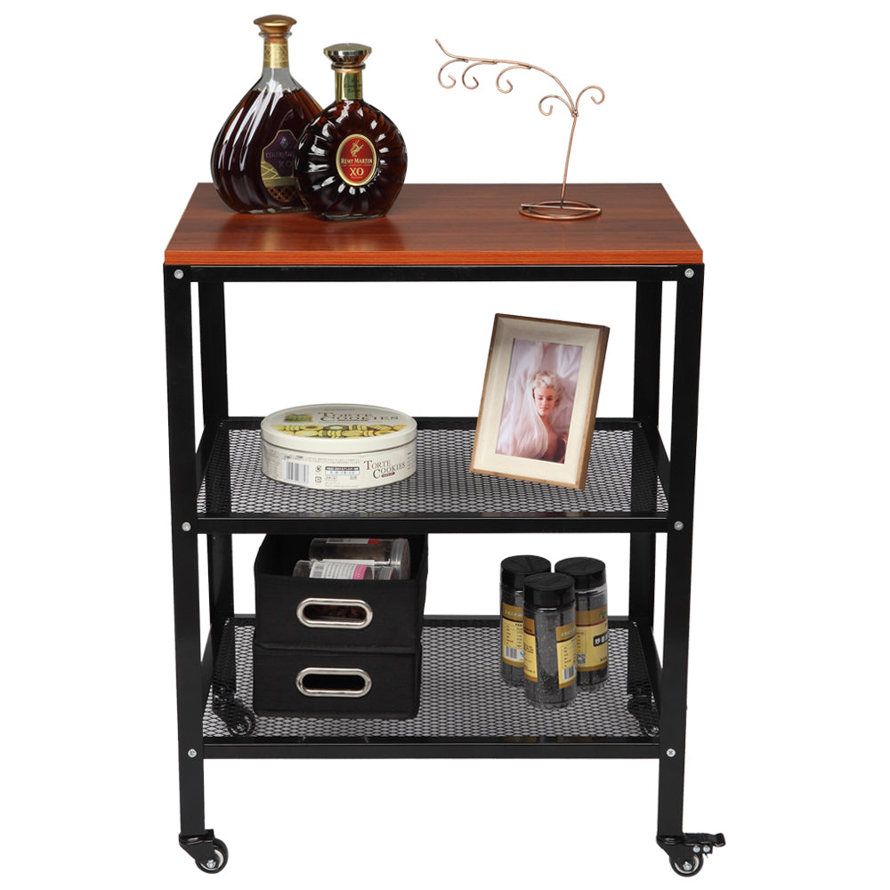 QEEK Serving Cart, 3-Tier Bar Cart on Wheels with Storage and Steel Frame, Microwave Cart, Rolling Kitchen Utility Cart