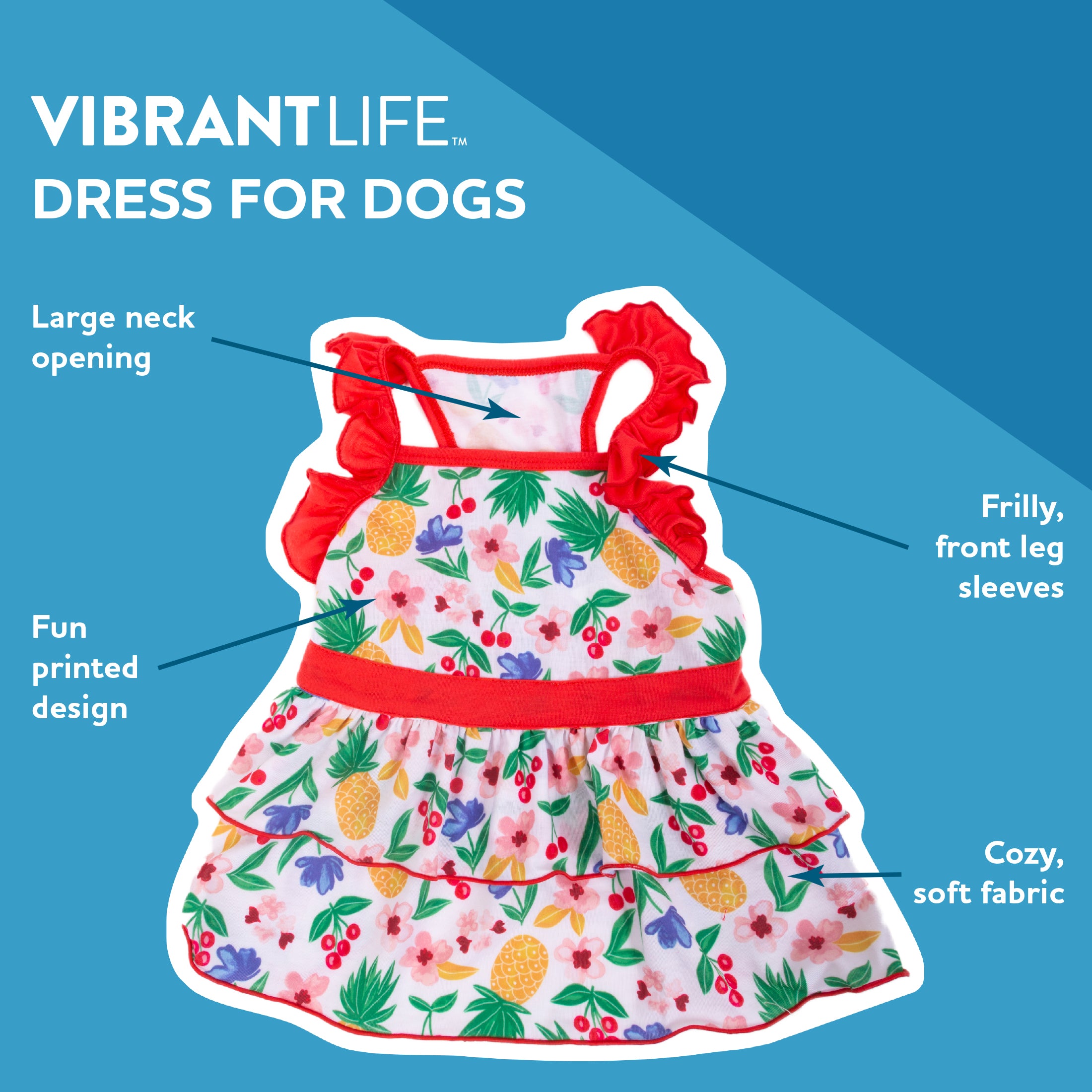 Vibrant Life Pineapple Tiered Pull Over Skirt Dress for Dogs or Cats， XXS