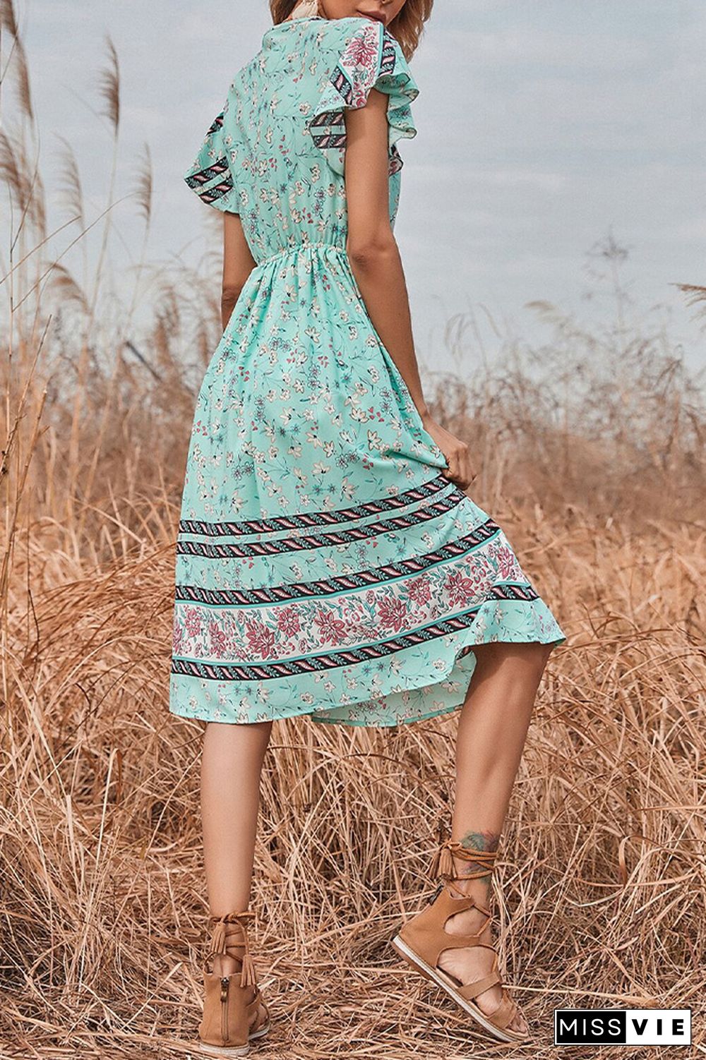 V Neck Ruffle Sleeves Flower Long Dress