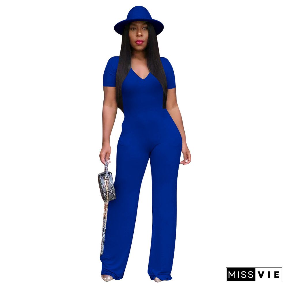 Summer New Casual Solid Color Short Sleeve Elegant V Neck Activewear Wide Leg Womens Jumpsuit