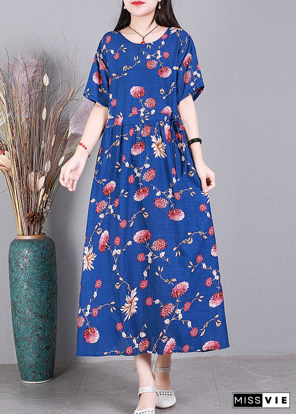 Beach Blue O-Neck Print Drawstring Tie Waist Linen Vacation Dresses Short Sleeve