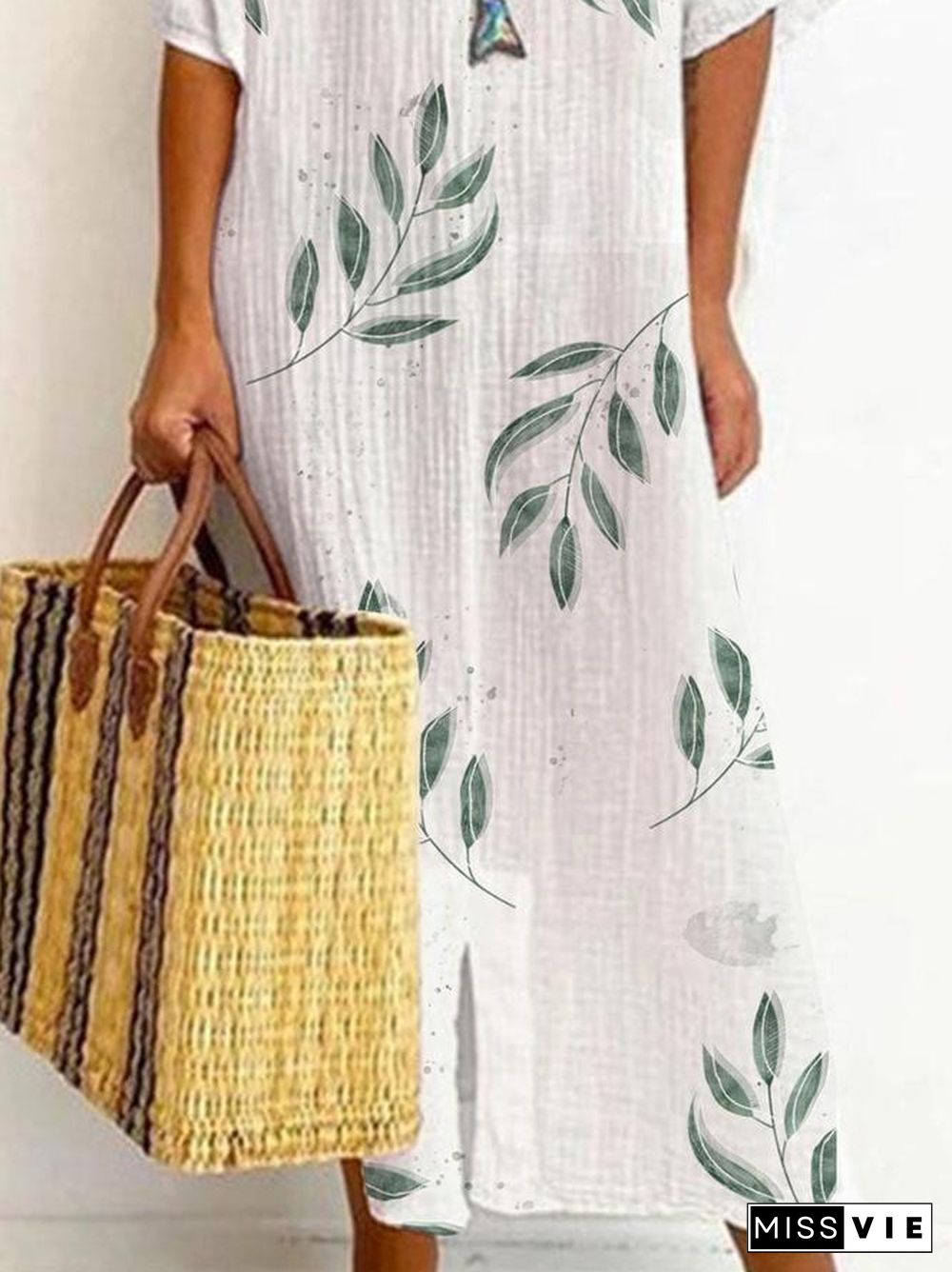 Leisure Cotton And Linen Leaf Print Split Dress