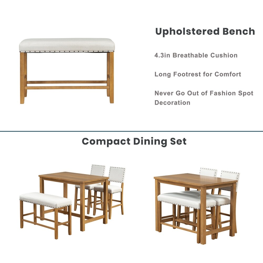 4 Piece Rustic Wooden Counter Height Dining Table Set with Upholstered Bench for Small Places