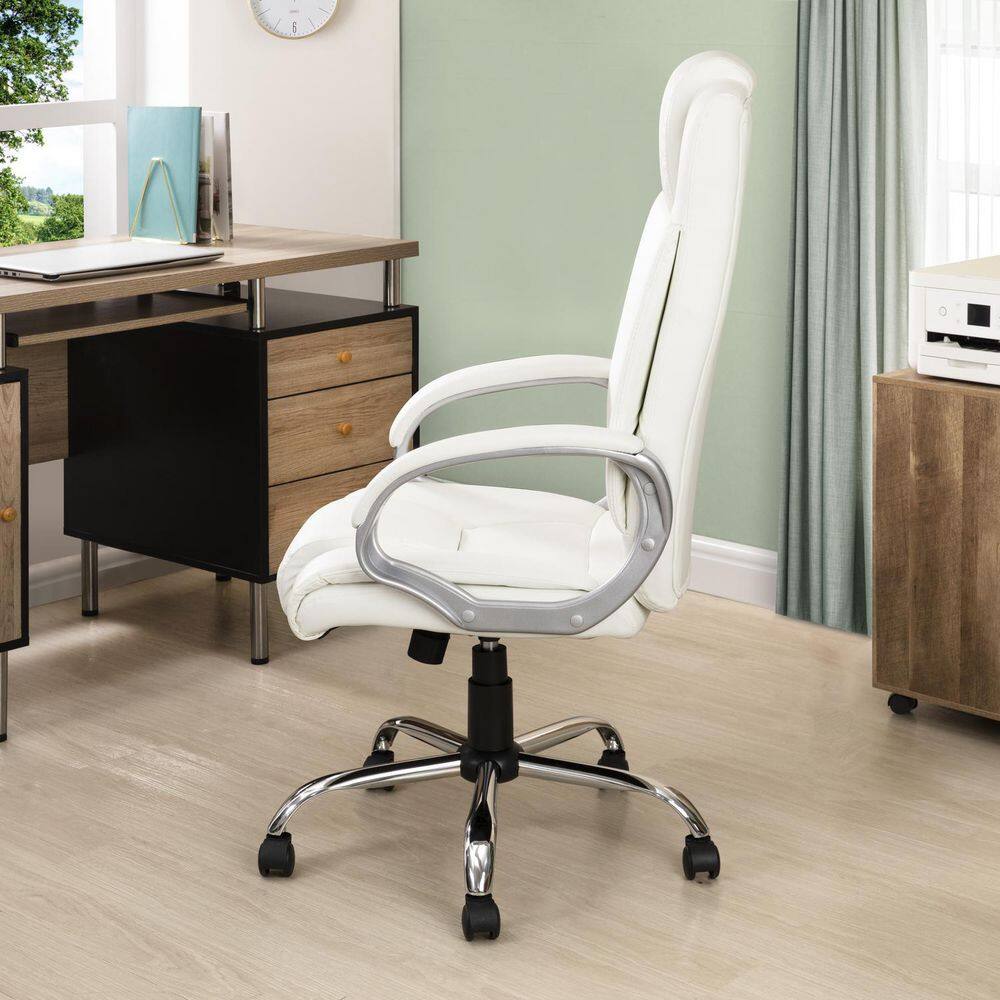 HOMESTOCK White High Back Executive Premium Faux Leather Office Chair with Back Support Armrest and Lumbar Support 99324