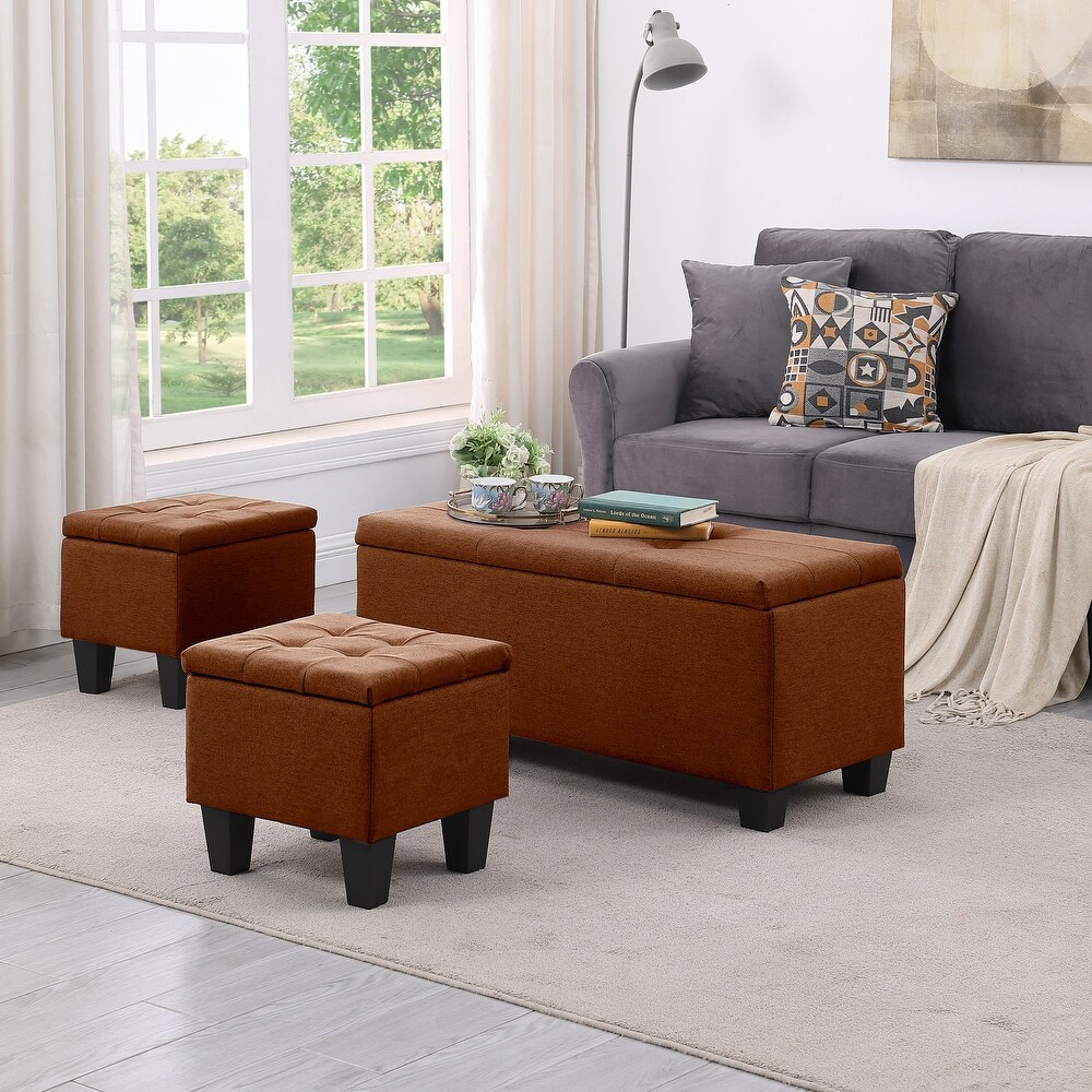 3 Pcs Large Storage Ottoman Bench Set  Combination Ottoman  Tufted Ottoman Linen Bench for Living Room  Hallway  Bedroom