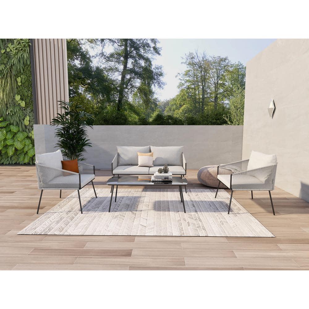 Uixe 4Piece Iron Outdoor Patio Conversation Set with Light gray Cushions