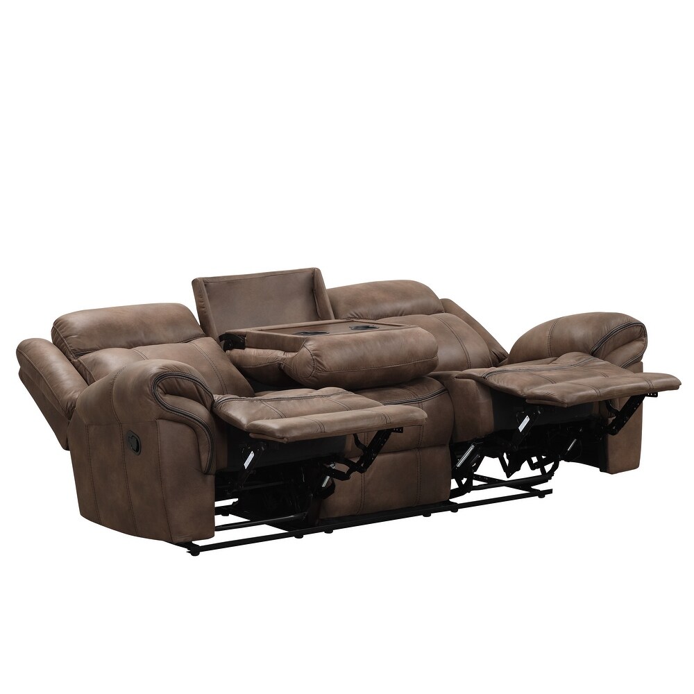 Verne Brown Manual Microsuede Reclining Sofa with Flip Down Cup Holders