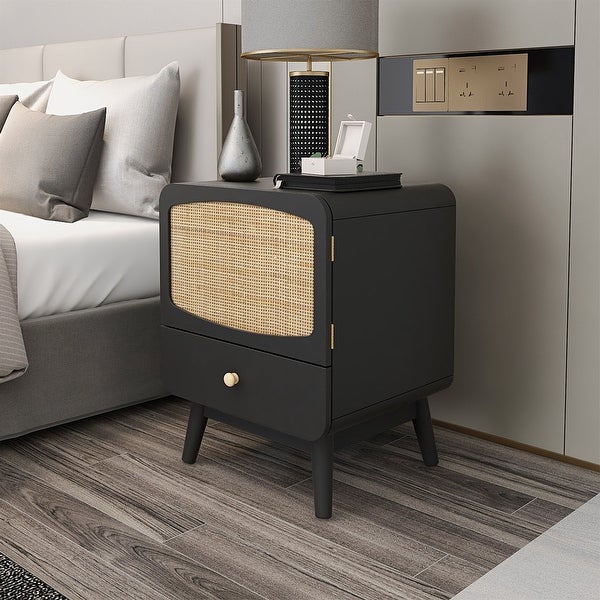 Modern Nightstand with Storage Drawer/ Rattan Door End Table Side Table Night Stand Bedside Table for Bedroom， Living Room - - 37315662