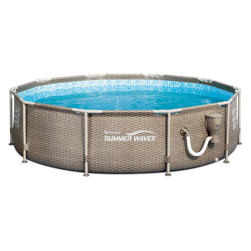 Summer Waves 10 ft. x 30 in. Round Framed Swimming Pool with Exterior Wicker Print, Tan P20010305