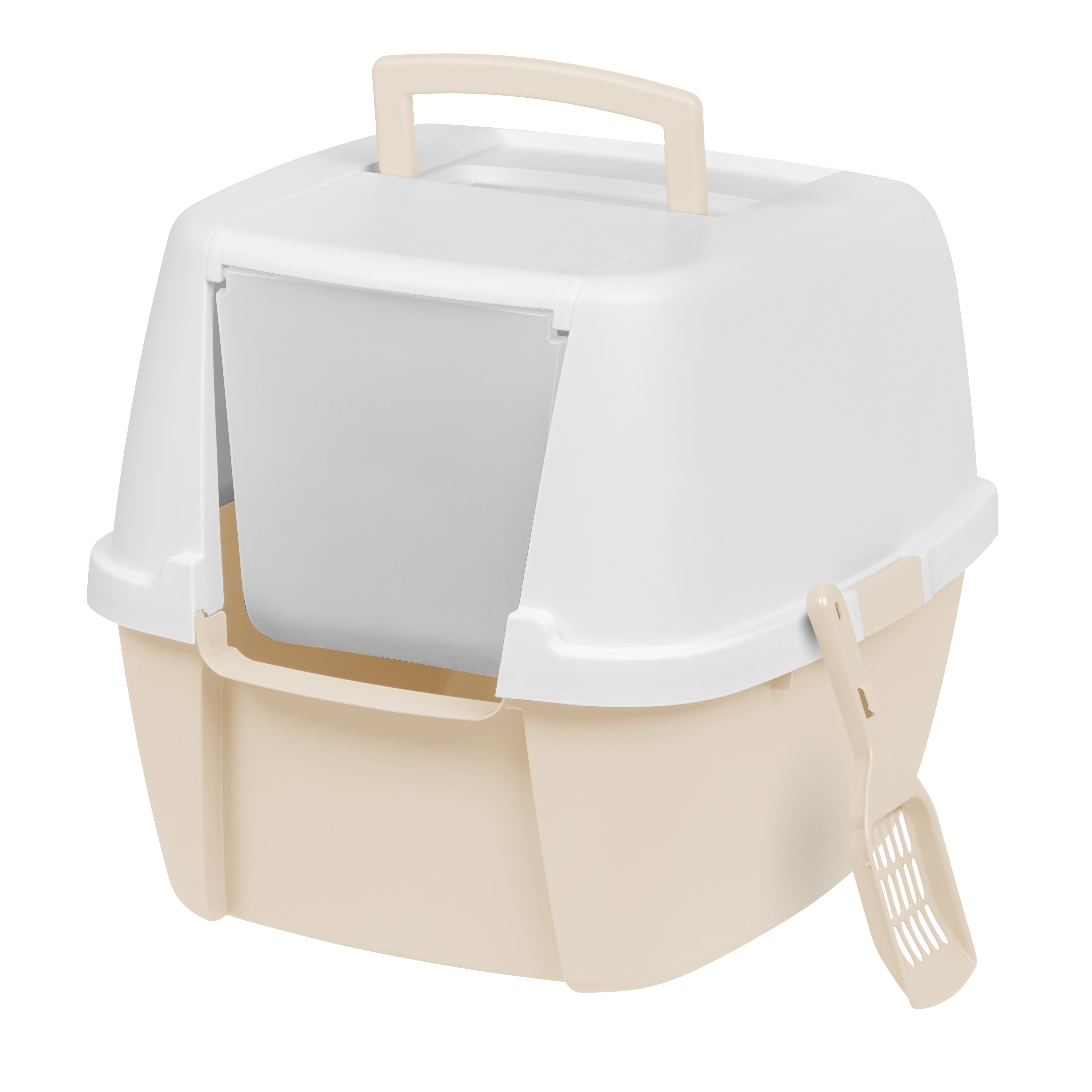 IRIS USA Jumbo Hooded Litter Box with Scoop， Off White