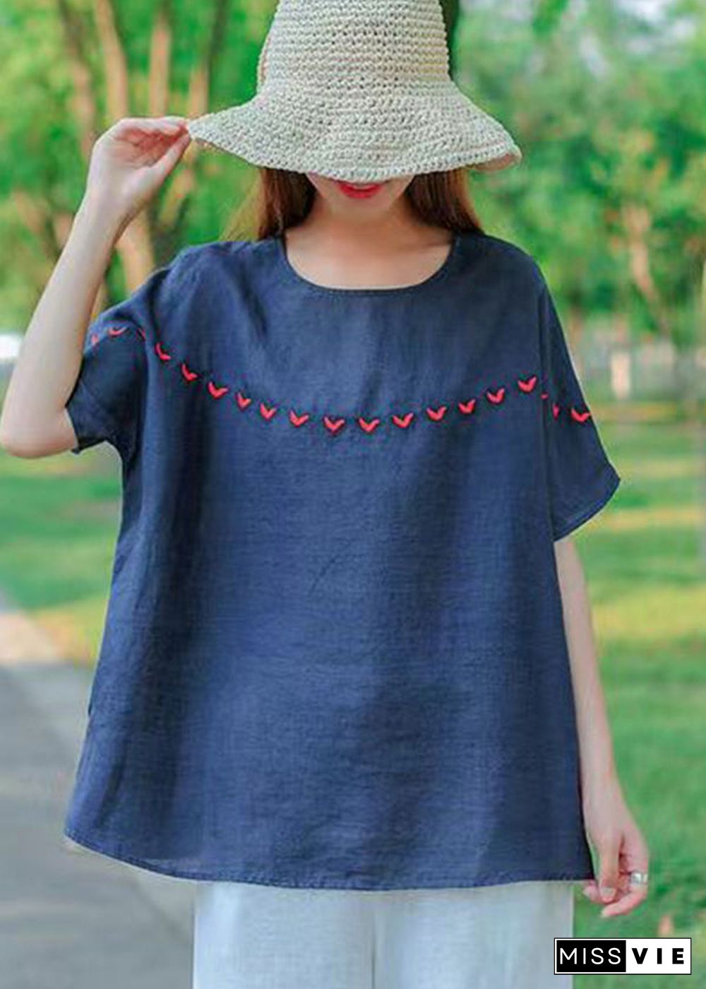 Vintage Navy O-Neck Embroideried Cotton Tank Tops Short Sleeve