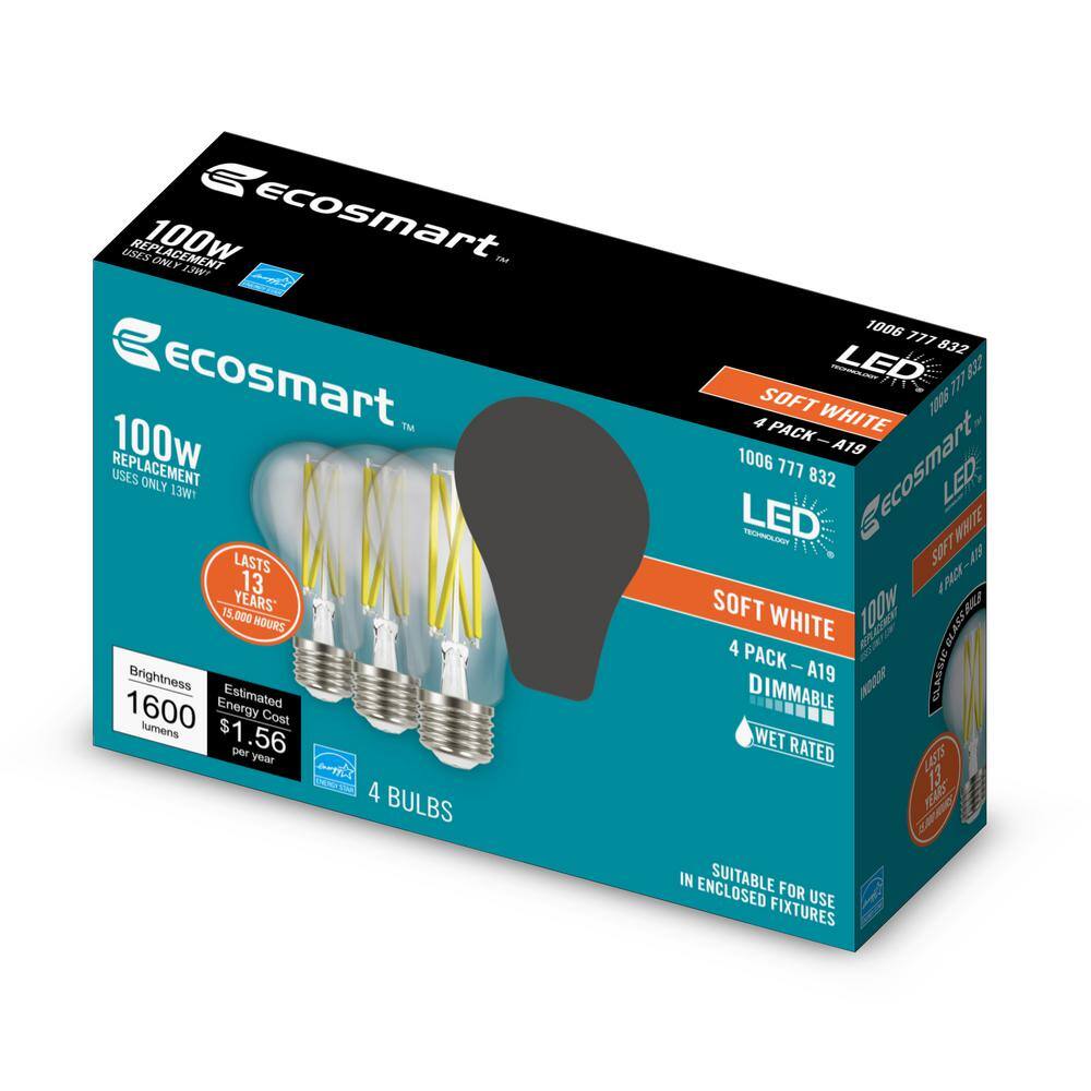 EcoSmart 100-Watt Equivalent A19 Dimmable Clear Glass Filament LED Light Bulb Soft White (4-Pack) 11CFA19100WESD1