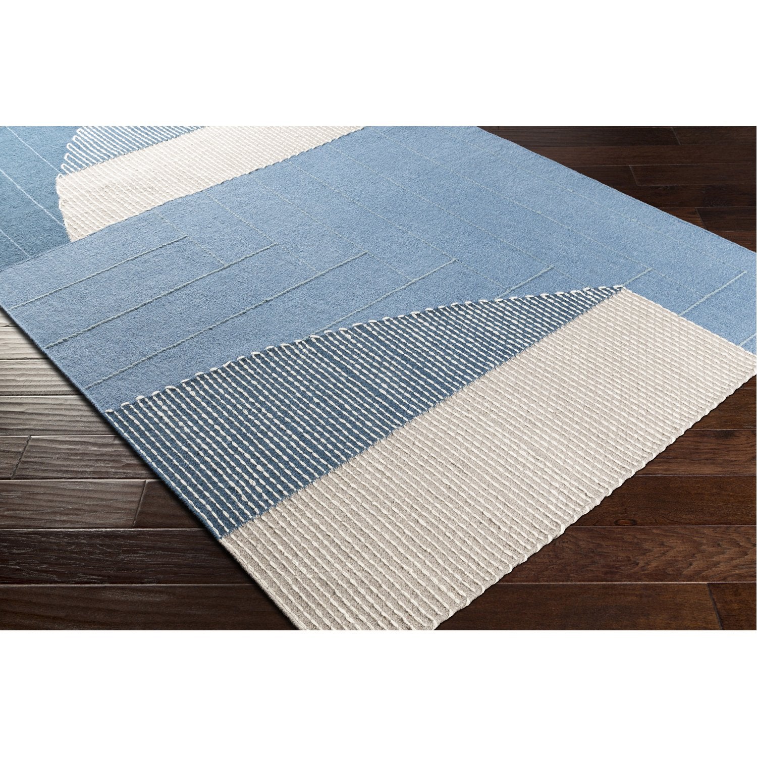 Fulham Hand Woven Rug in Denim, Medium Gray, White, Taupe, Dark Blue