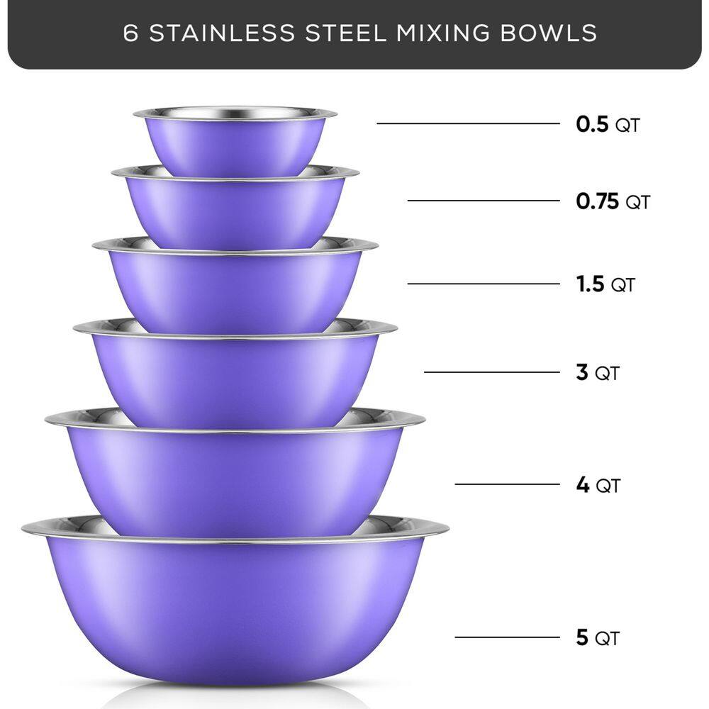 JoyJolt JoyFul 6-Piece Stainless Steel Purple Mixing Bowl Set JW10526