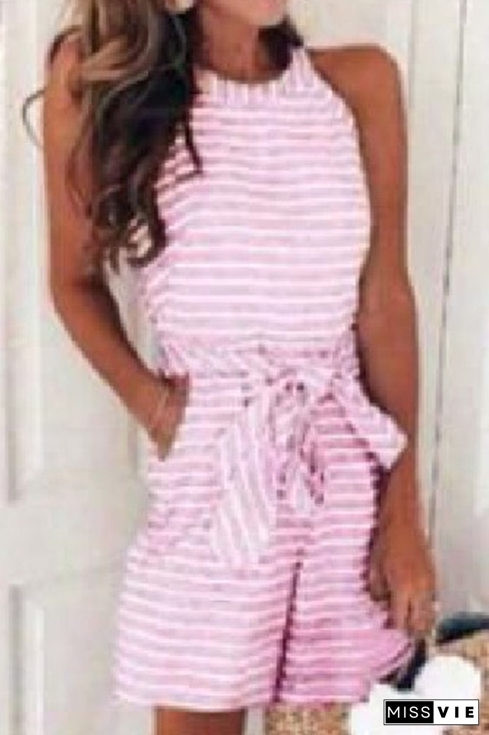 Striped O-Neck Tie Skinny Jumpsuit