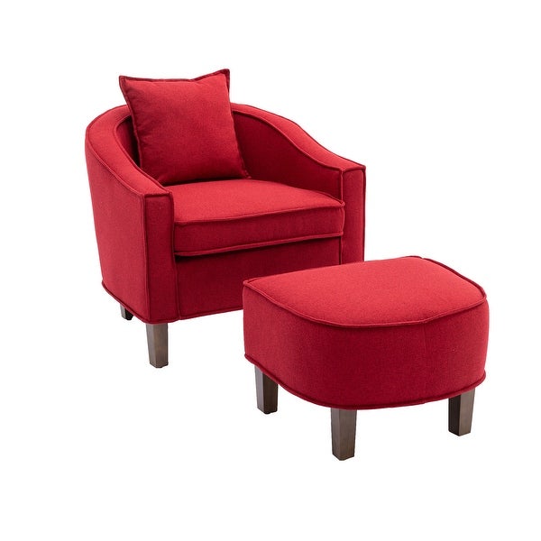 Modern Barrel Chair Mid Century Upholstered Accent Chair Round Arms Chair with Ottoman， Red