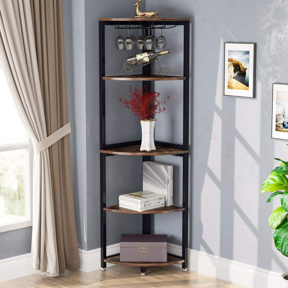 BYBLIGHT Eulas 63 in. Brown 5-Tier Corner Shelf Tall Corner Bookshelf Small Bookcase with Wine Glass Holder BB-JW0249XF