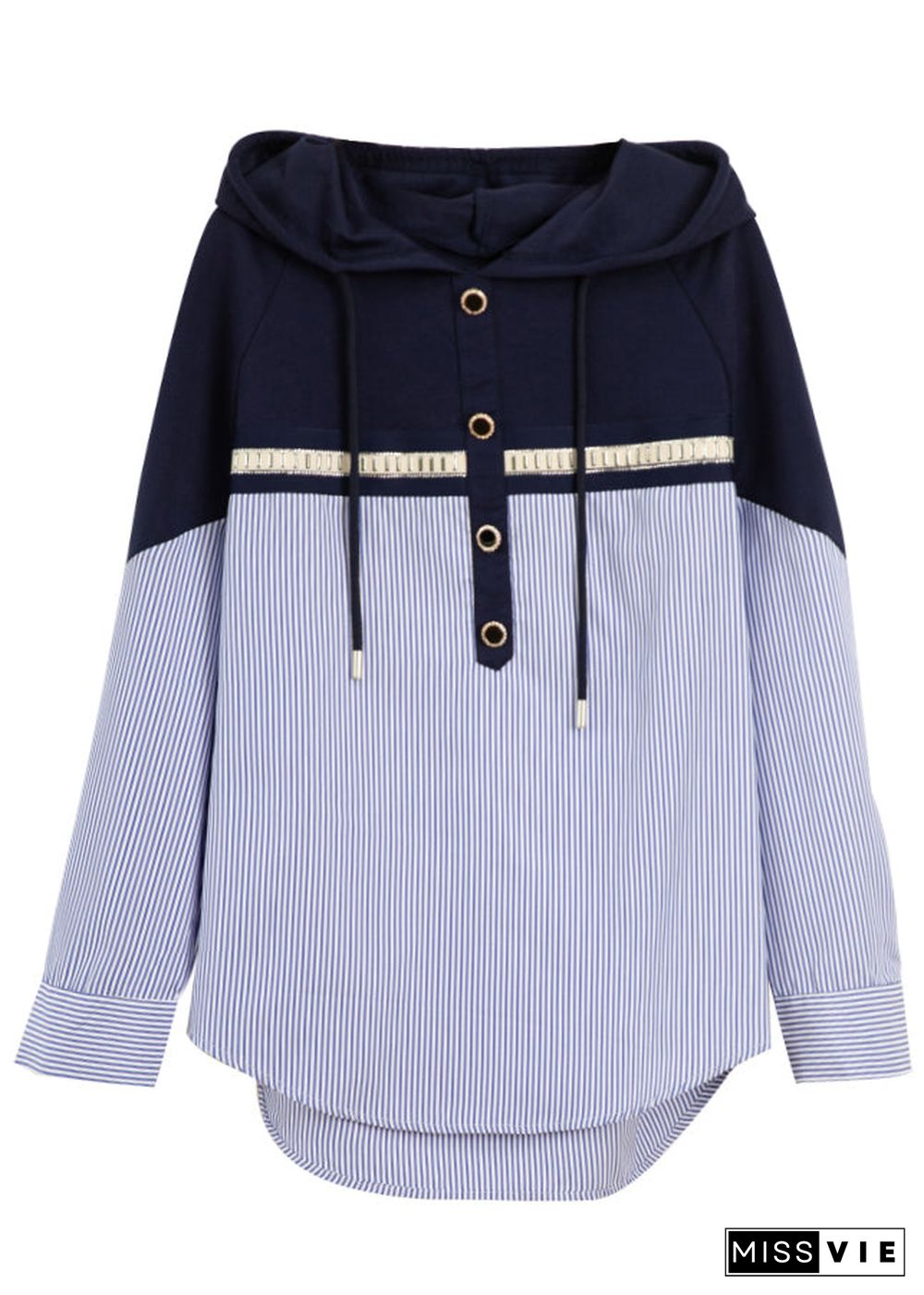 Style Striped Hooded Patchwork Cotton Shirt Long Sleeve