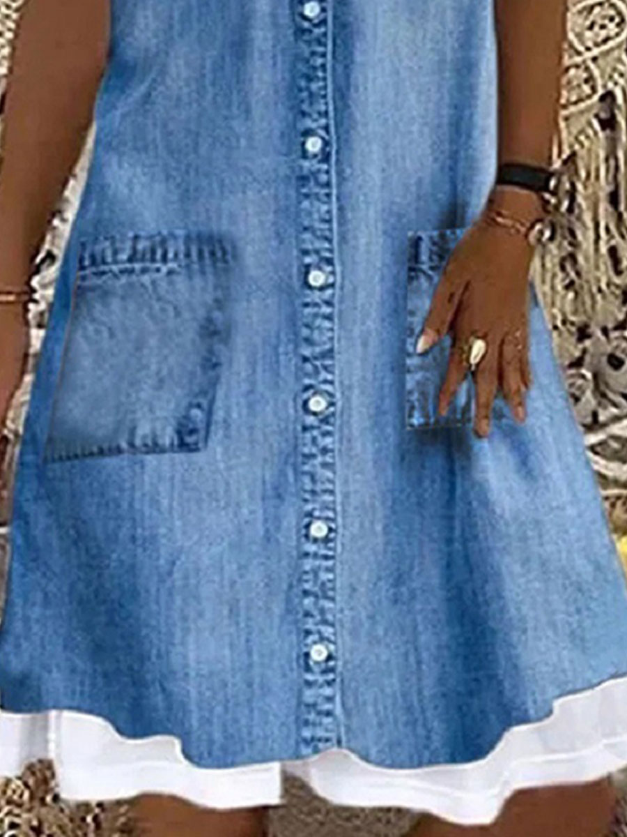 Round Neck Denim Stitching Loose Short Sleeve Shift Dress