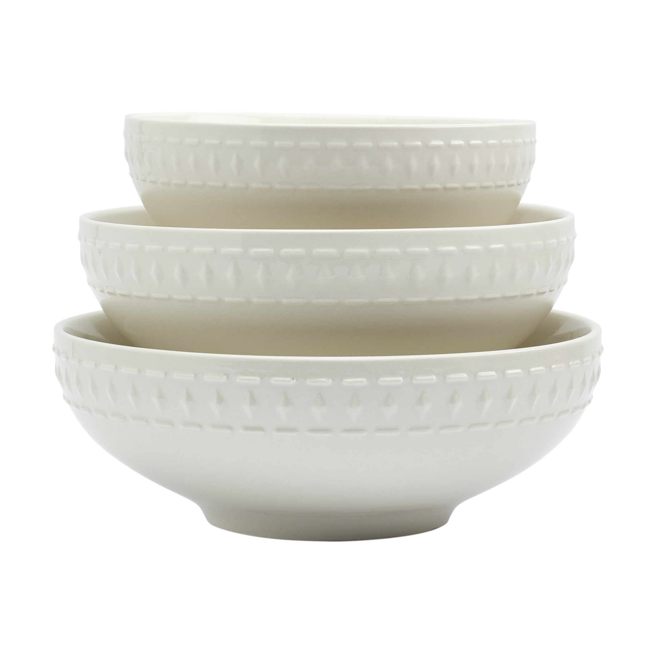 Tabletops Gallery Bloom 3 Piece Serving Bowl Set Embossed Bone White Porcelain Round Dinnerware Collection- Chip Resistant Scratch Resistant