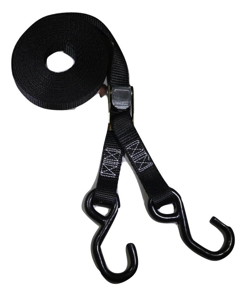 1" x 20 ft Heavy Duty Cam Buckle Tie Down Strap w/ Vinyl S Hooks | C120VS-BK