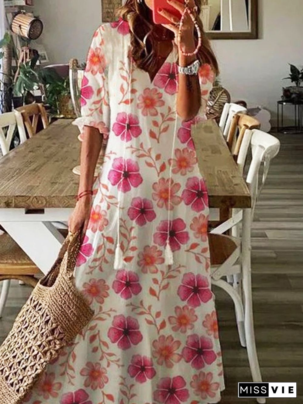 Floral Casual Vacation V Neck Tassel Three Quarter A-Line Dresses