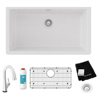 Elkay Classic White Quartz 33 in. Single-Bowl Undermount Kitchen Sink with Filtered Faucet and Accessories ELGRU13322WHFLC