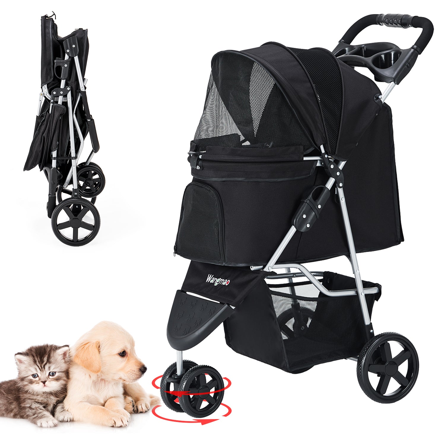 Pet Stroller 3 Wheel Cat and Dog with Storage Basket Foldable Lightweight Trolley-Black